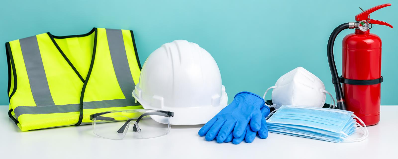 Safety vest, hard hat, gloves, masks and fire extinguisher